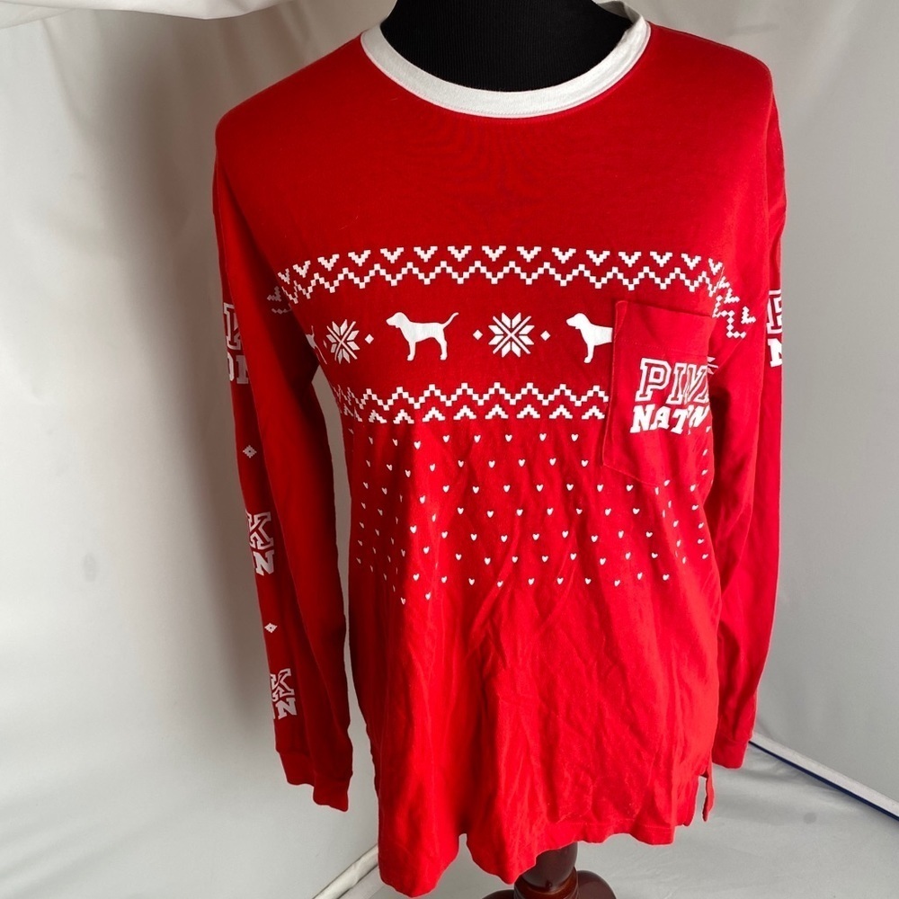 Victoria’s Secret PINK red and white long sleeve crew neck holiday t-shirt